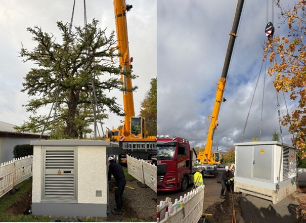 Neue Trafostationen für Buchen und Hainstadt: Mit schwerem Gerät und eingespieltem Teamwork wurden die neuen Trafostationen in Buchen und Hainstadt gesetzt – ein wichtiger Schritt für mehr Versorgungssicherheit in der Region. Bild und Text: Gerd Herold