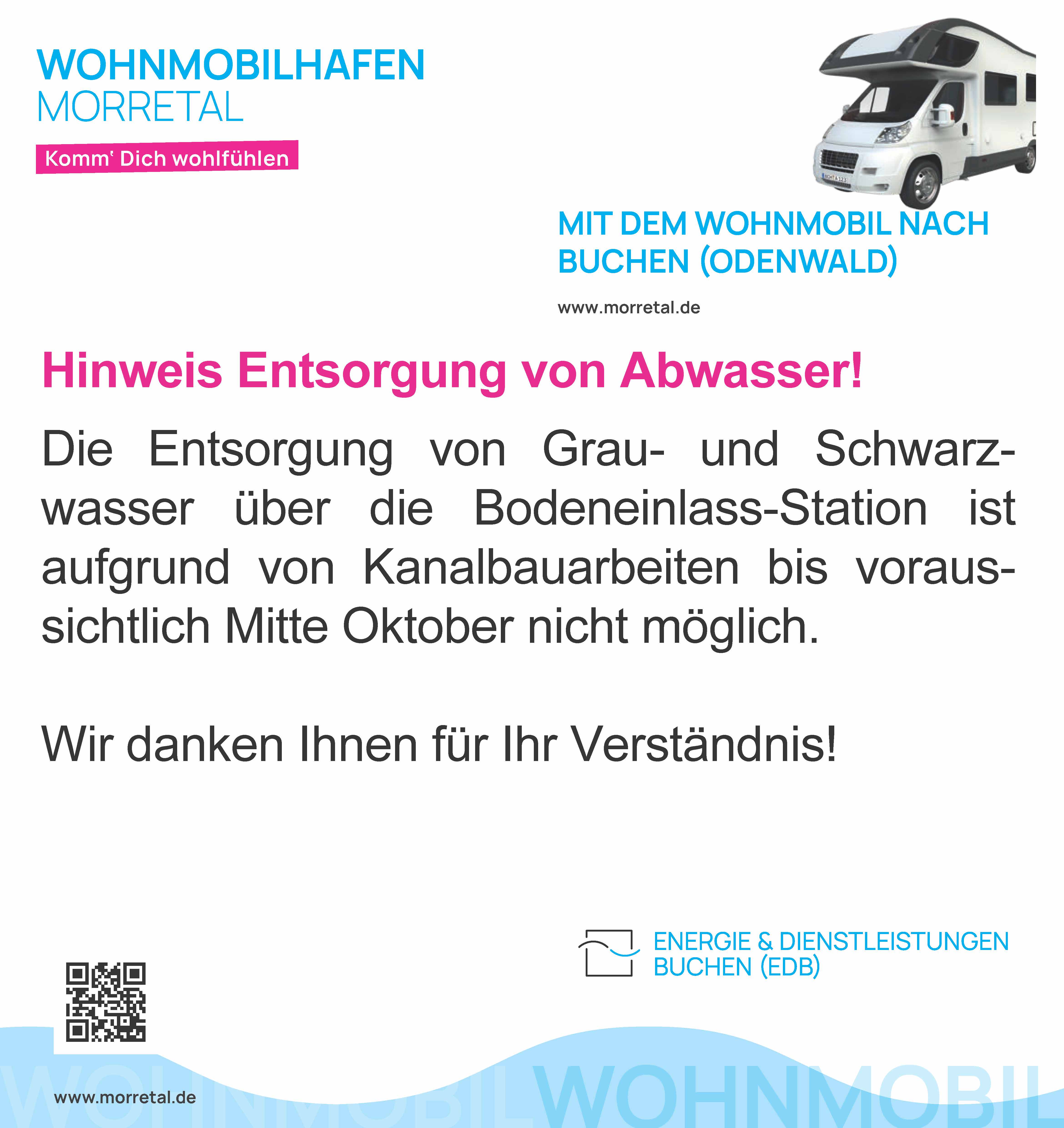 Die Entsorgung von Grau- und Schwarzwasser über die Bodeneinlass-Station ist aufgrund von Kanalbauarbeiten bis voraussichtlich Mitte Oktober nicht möglich. Wir danken Ihnen für Ihr Verständnis!