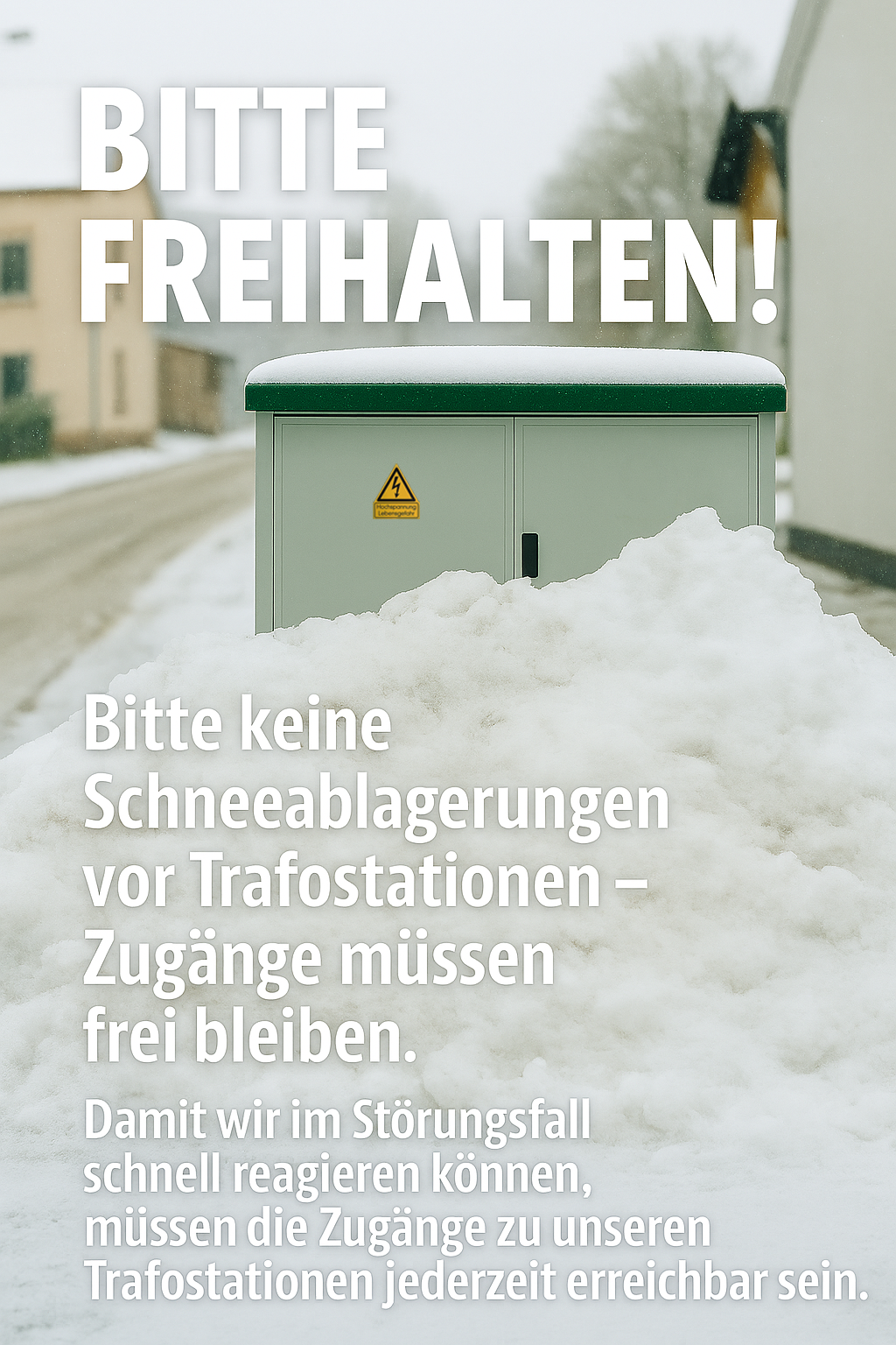 Schnee vor TS HA Straße mit Text und Schild