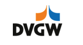 Logo der DVGW mit einer Orangenen und einer Blauen Linie die spitz zusammen laufen