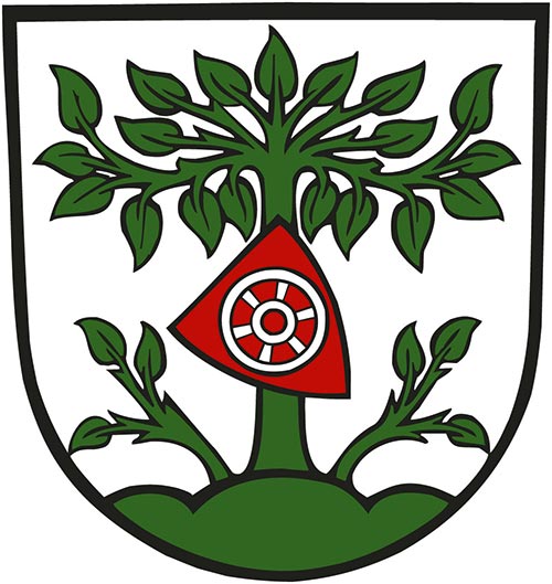 Wappen der Stadt Buchen mit einer grünen Buche und dem roten Wappen mit dem Mainzer Rad