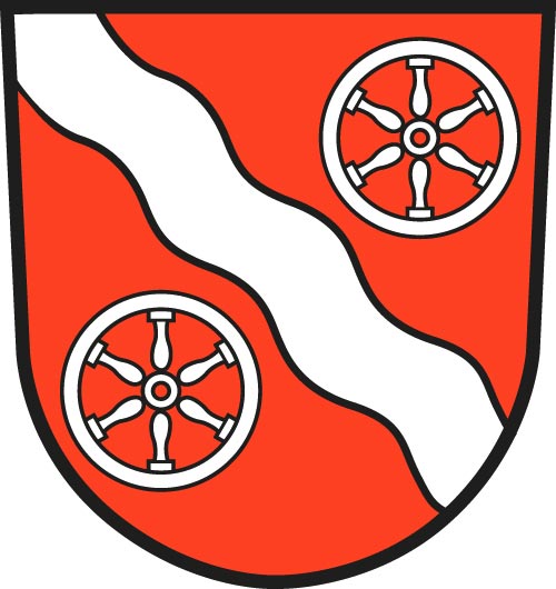 Das Wappen der Gemeinde Mudau In Rot ein weißer Wellenschrägbalken, begleitet von je einem sechsspeichigen weißen Rad. 