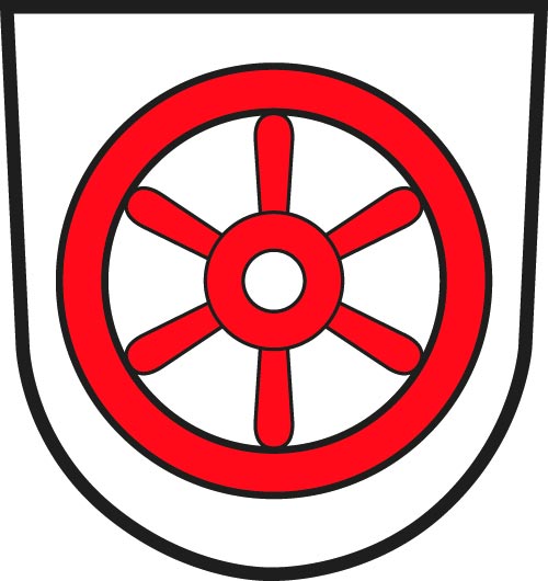 Das Wappen der Stadt Osterburken mit einem roten sechsspeichigen Rad auf weißem Grund