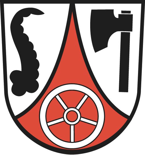 Das Wappen der Gemeinde Seckach. Ein gespaltenes Schild. Links auf rotem Grund ein fünfspeichiges Rad in weiß, links auf weißem Grund ein gewundenes, schwarzes Steinbockhorn, rechts ein schwarze Beil